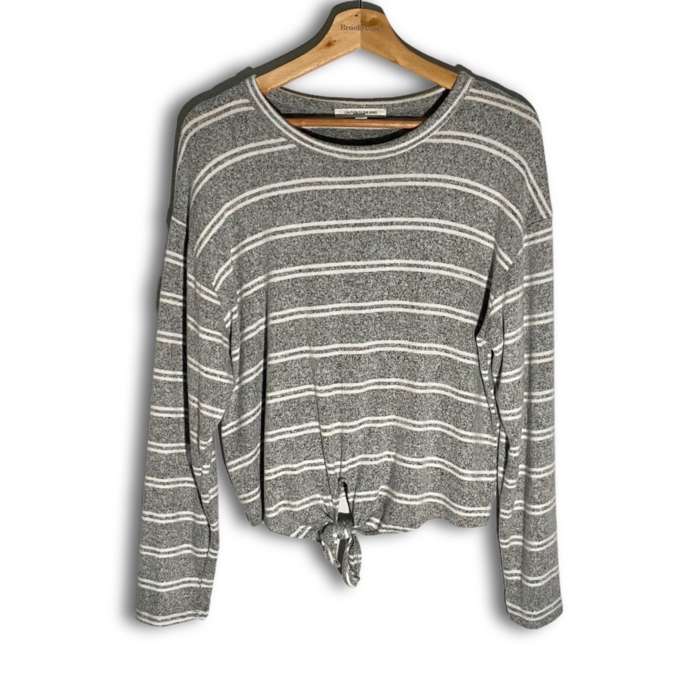 Caution To The Wind Gray/White Striped Soft Front-Tie Sweater